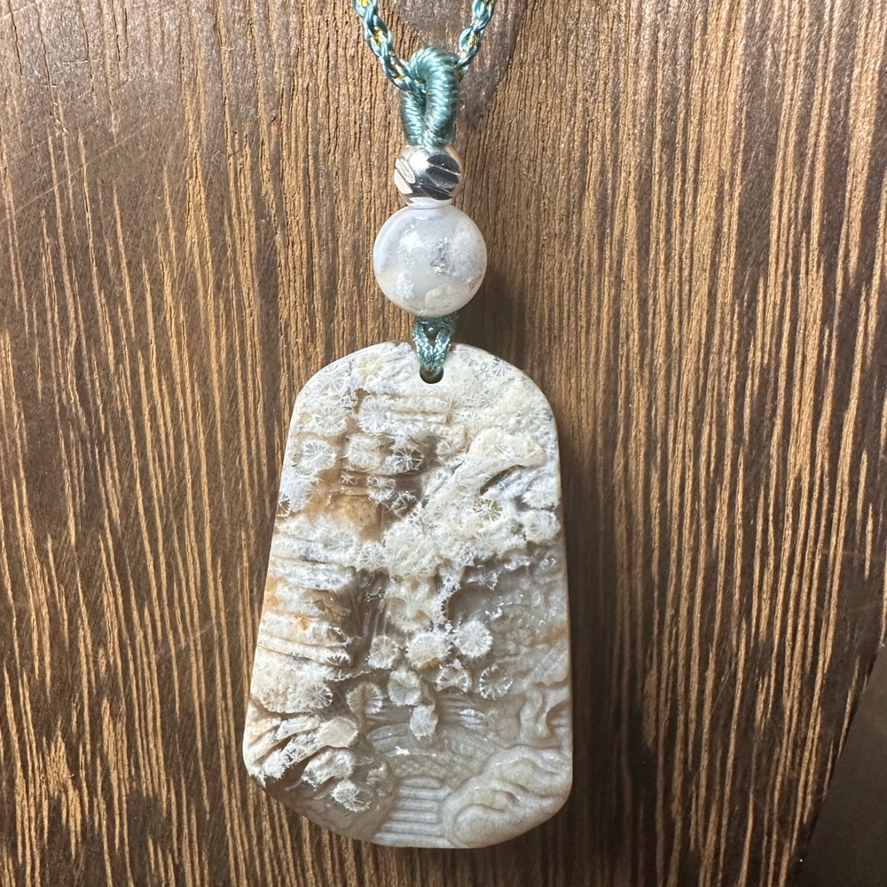 Coral Fossil Flower Agate Landscape Carving Pendant Necklace on Green Lotus Rope